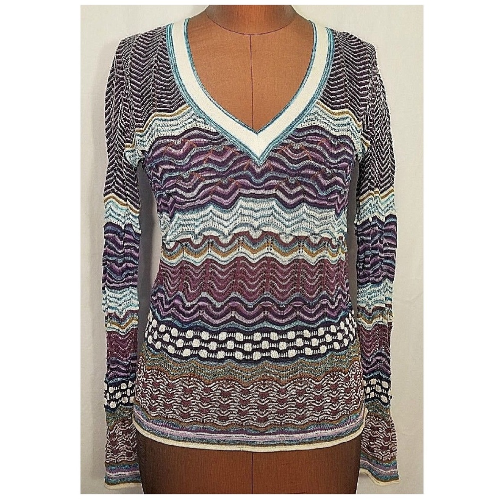 Missoni V-Neck Zigzag Knit Sweater — Purple, Teal, White, Brown